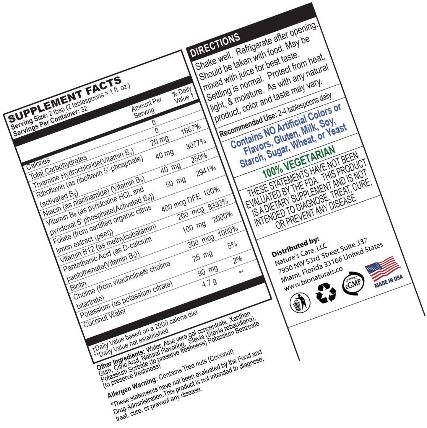 Bio Naturals Vitamin B Complex Liquid Supplement - 100% Natural Energy Boost with Vitamins B1 B2 B3 B5 B6 B12 and Organic Coconut Water for Stress, Mental Focus and Healthy Immune System - 32 fl oz