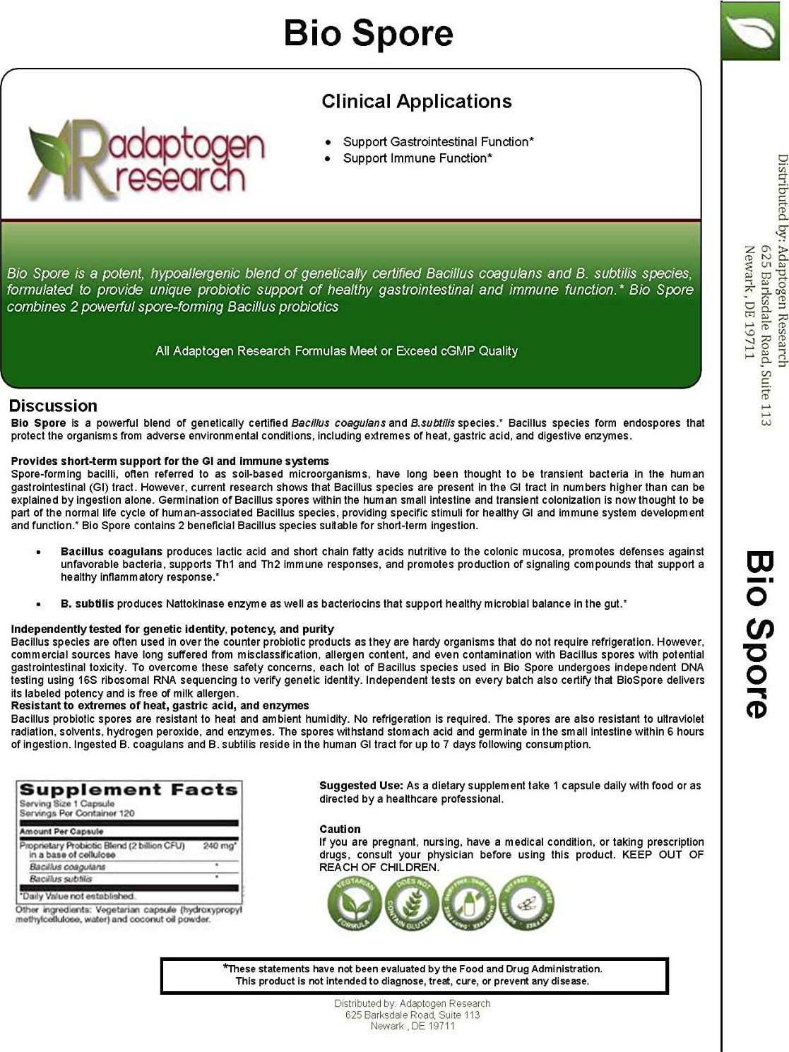 Bio Spore Broad Spectrum Probiotic | Soil-Based (SBO) and Shelf-Stable 2 Billion CFU Bacillus Coagulans and Subtilis Spore Forming Probiotic for Men and Women | 120 Vegetarian Capsules | Adaptogen Research