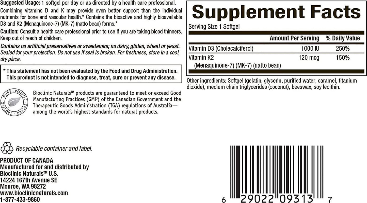 Bioclinic Naturals Vitamin D3 and K2 60 gels by Bioclinic