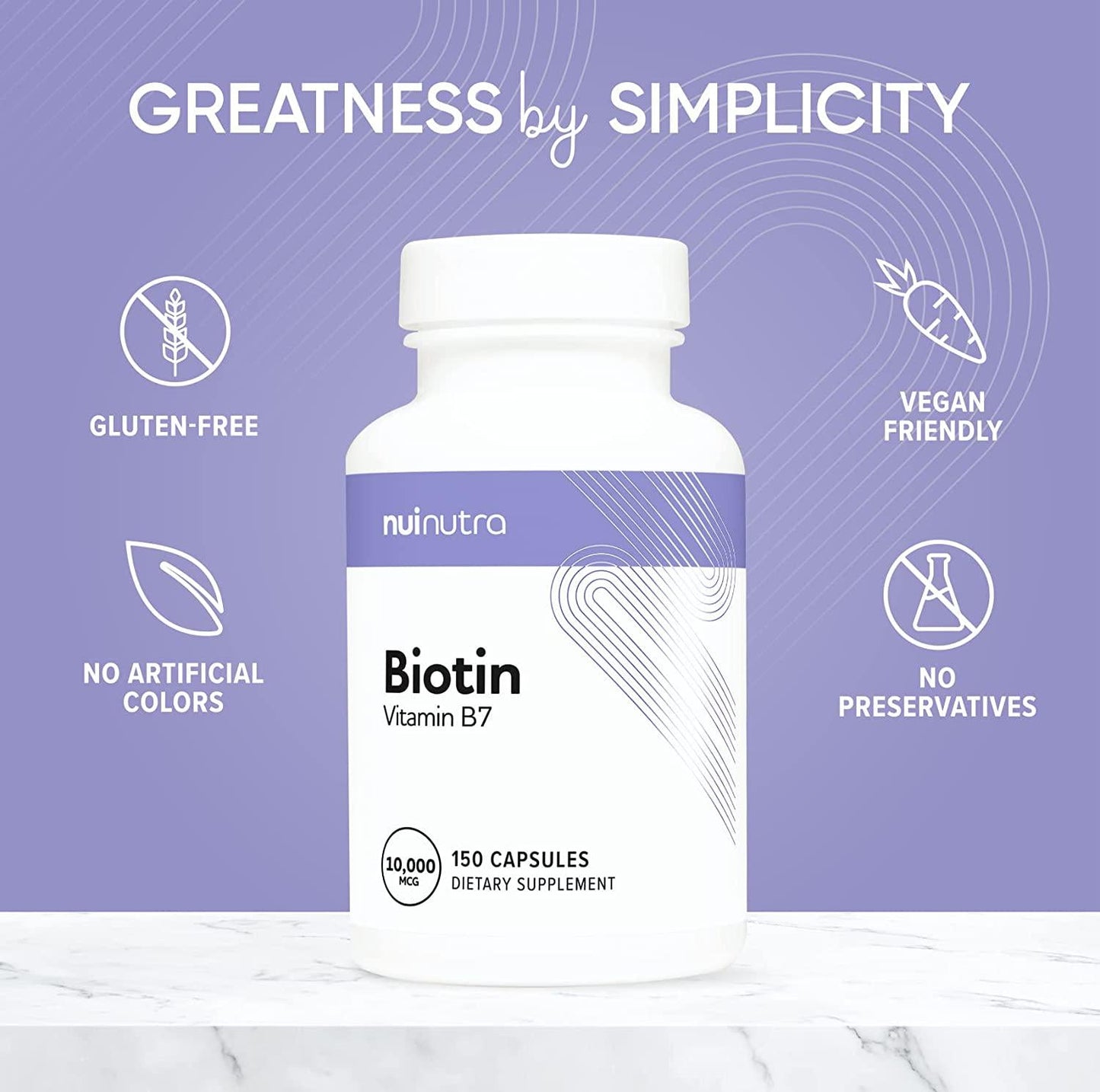 Biotin 10000mcg | 150 Capsules - Nui Nutra Pure Biotin Supplement Extra Strength (Vegan, Gluten Free, Non-GMO, Lab Tested) - Biotin for Hair Growth Skin and Nails