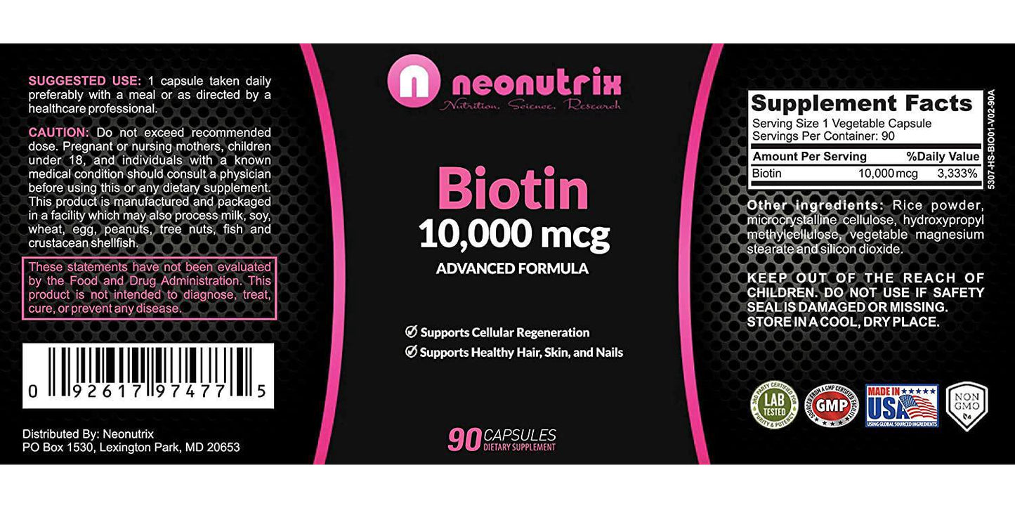 Biotin 10000mcg Supplement - Hair Skin and Nails Vitamins for Women and Men– Biotin for Hair Growth - Biotina para el Cabello 10000 -Vegetarian Friendly- Non-GMO FDA Inspected 90 Capsules by Neonutrix