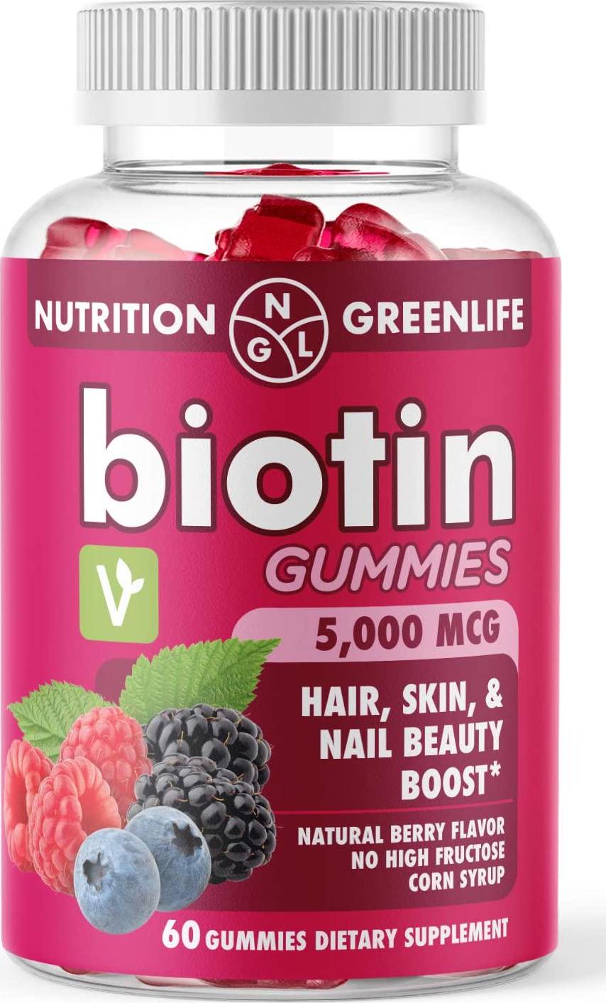 Biotin Gummies 5,000 MCG Hair, Skin, and Nails Beauty Boost - Vegan - Natural Flavors and Colors - 60Ct