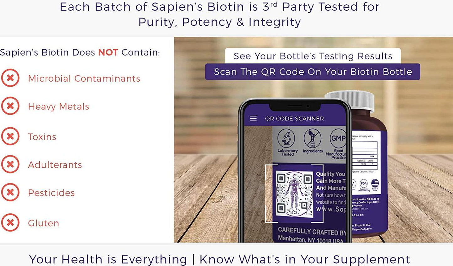 Biotin - Made in USA - 10,000mcg Coconut Oil - Premium Vegetarian Supplement by Sapien Labs (60 Pill Count)