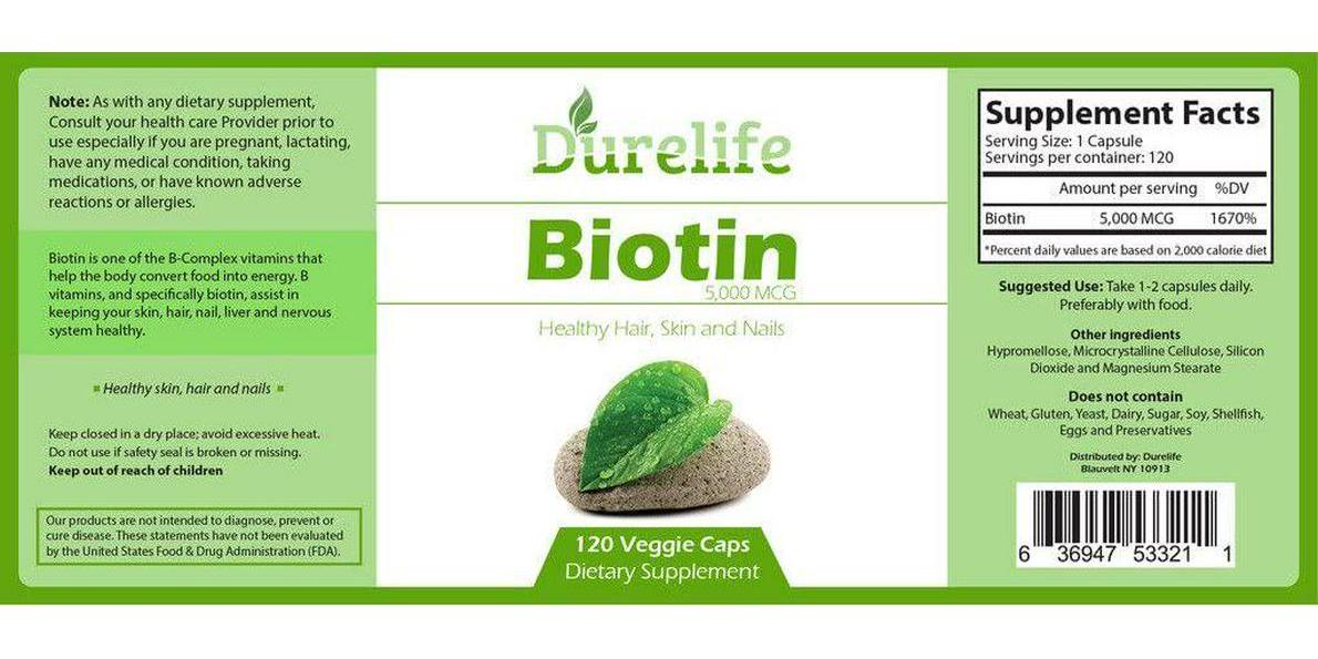Biotin Supplement 120 count High Potency 5000 mcg By Durelife, Biotin is Perfect for Hair Growth And Strong Nails and Glowing Skin