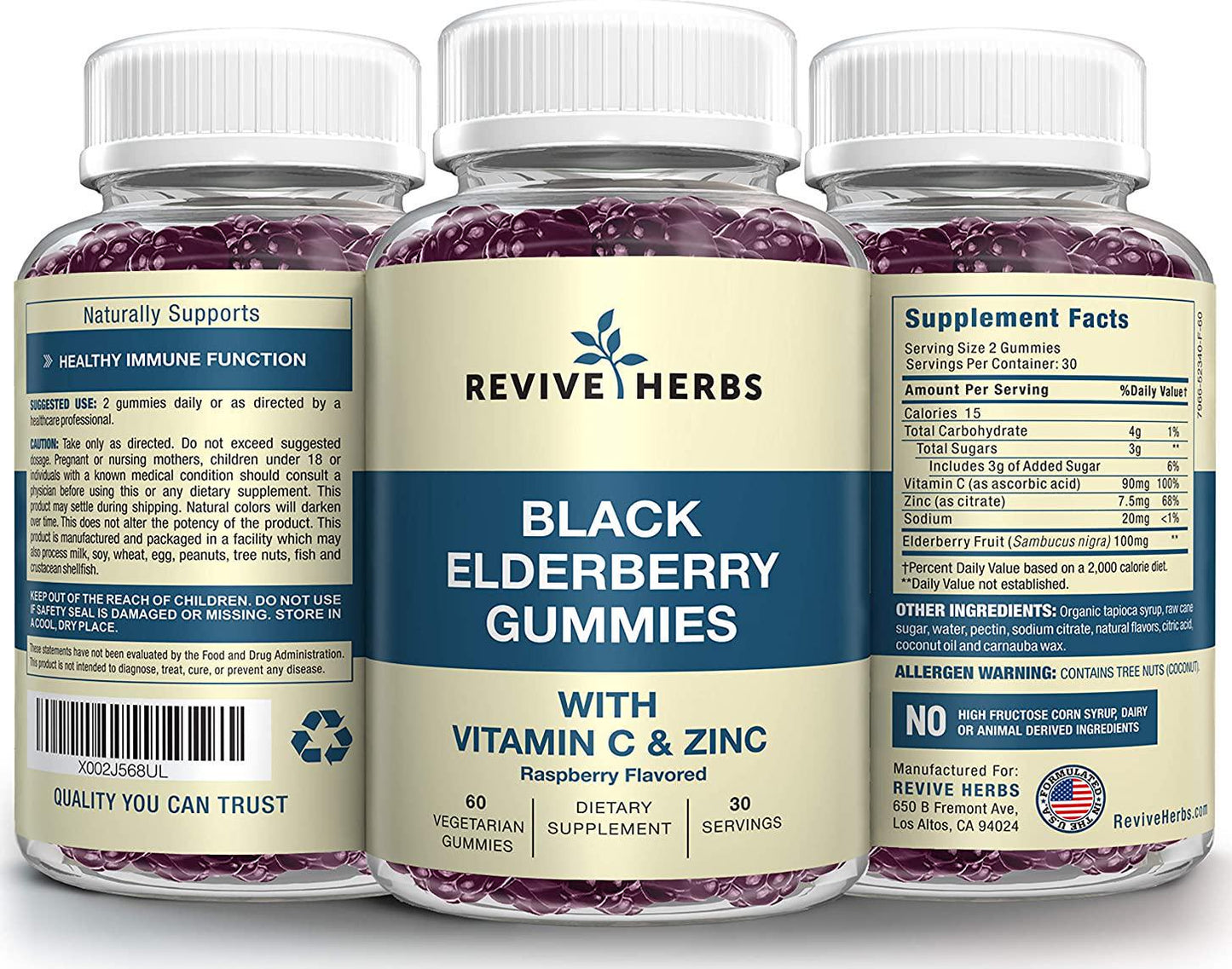 Black Elderberry Gummies with Vitamin C and Zinc - Sambucus Nigra - Naturally Supports Healthy Immune Function for Men and Women - 30 Servings, 60 Vegetarian Gummies - by Revive Herbs