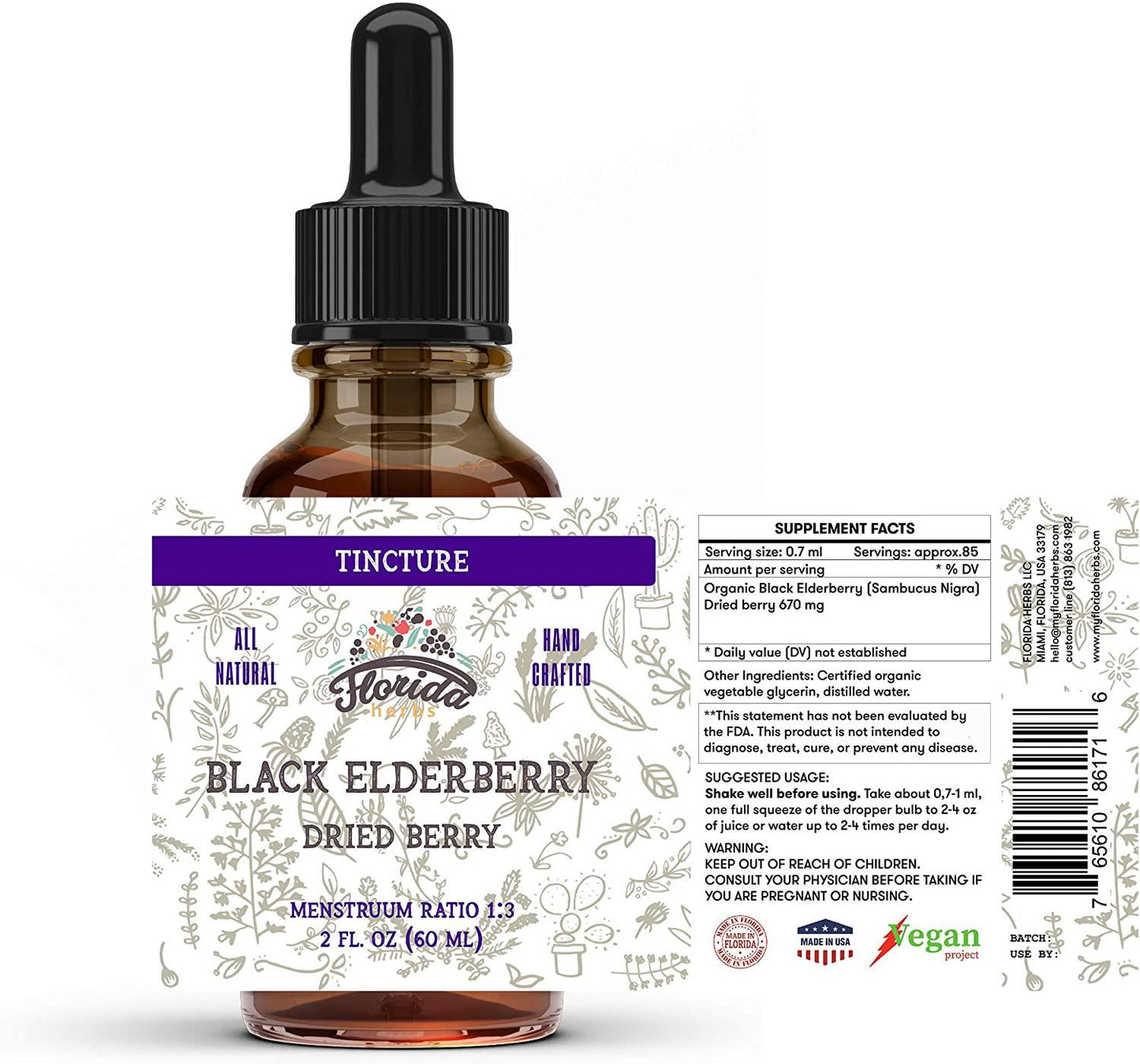 Black Elderberry Tincture, Organic Black Elderberry Extract (Sambucus Nigra) Antioxidant Extract for Immune Support, Non-GMO in Cold-Pressed Organic Vegetable Glycerin 2 oz 670 mg