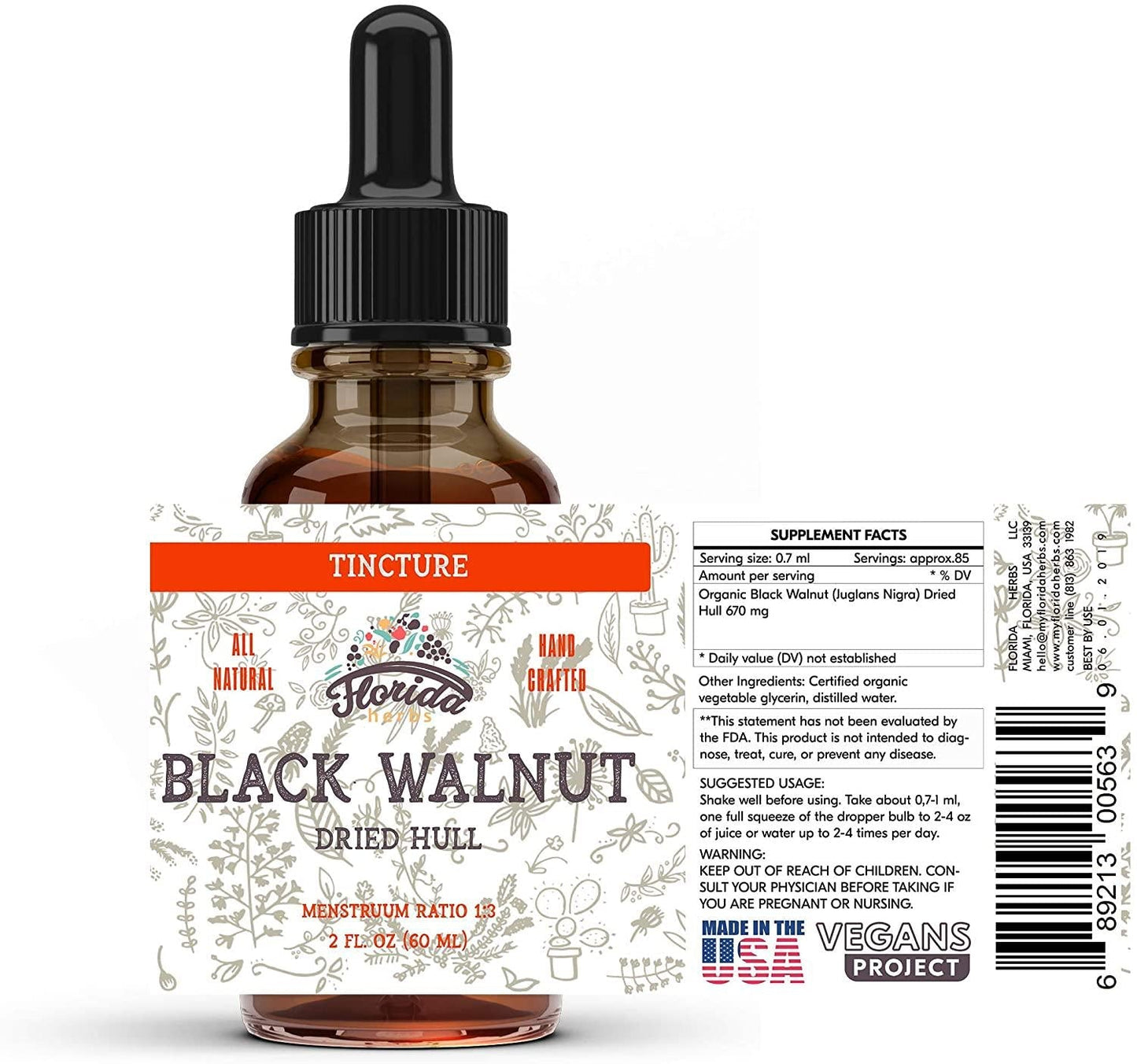 Black Walnut Tincture, Organic Black Walnut Extract Drops (Juglans Nigra, Barberry) Dried Hull