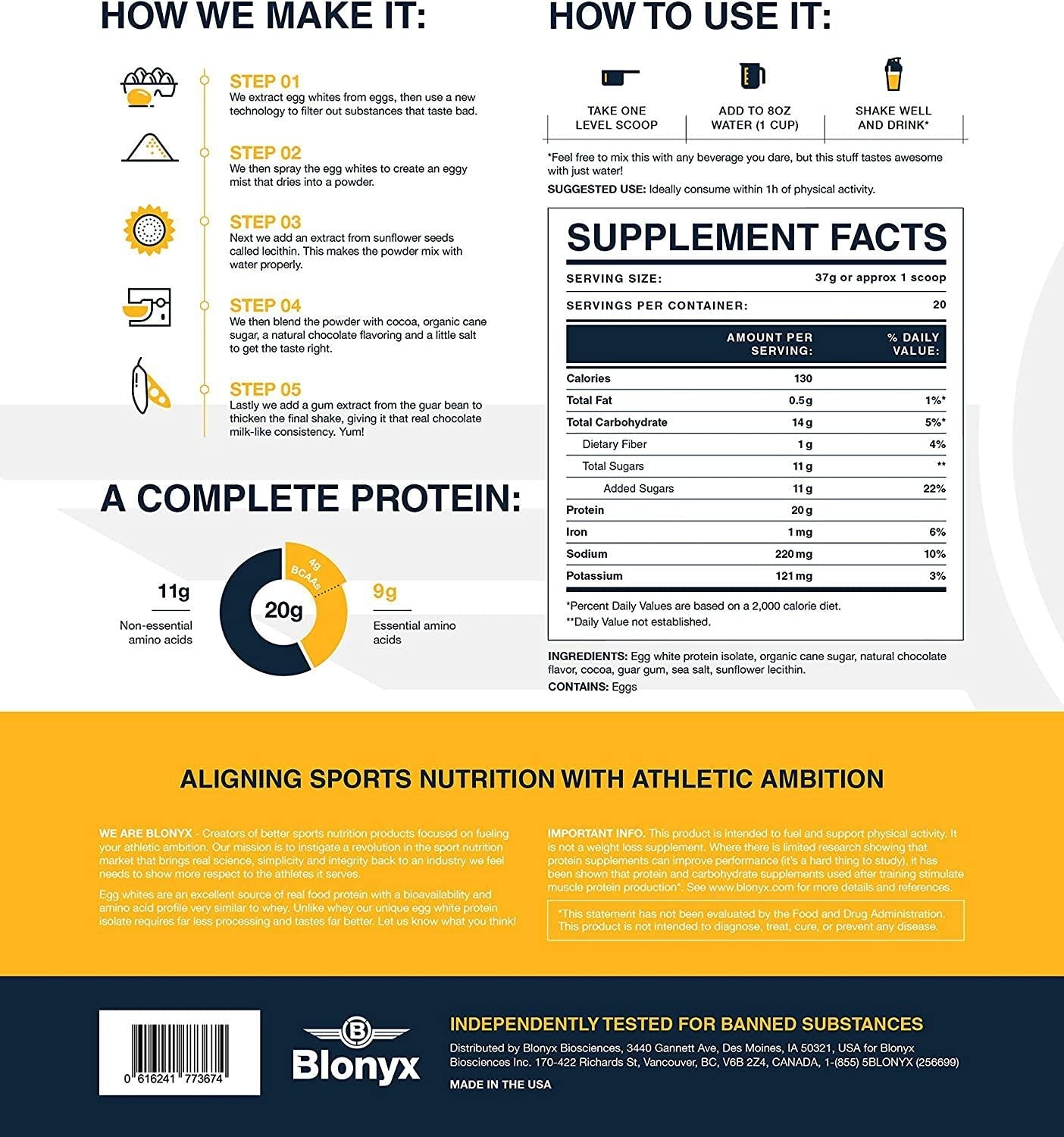 Blonyx Egg White Protein Isolate Powder - Chocolate Milk Flavor, Gluten Free, Lactose Free, All Natural Ingredients - 1.63 lbs