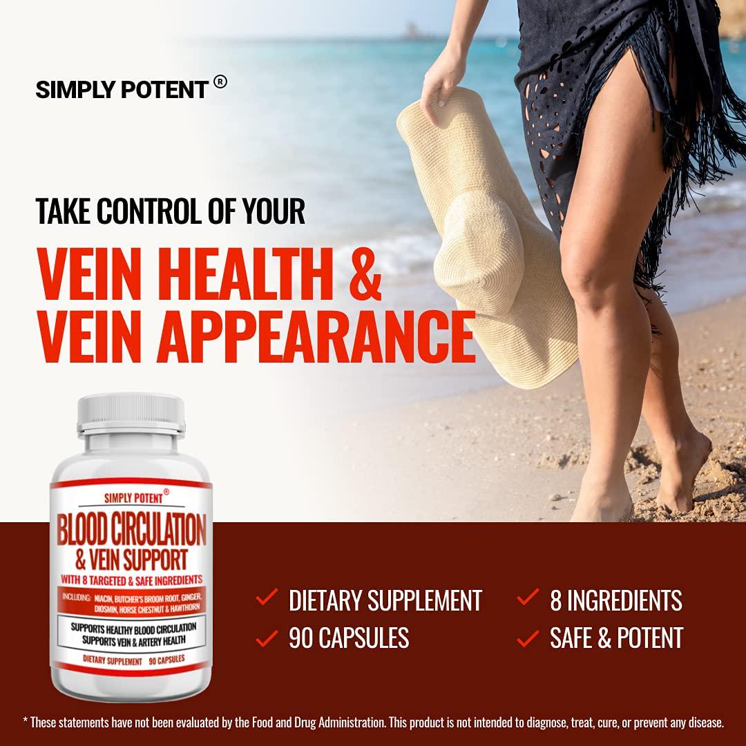 Blood Circulation and Vein Support Supplement, Helps Reduce Spider and Varicose Veins, Supports Vessels, Leg and Cardiovascular Health w/ Niacin, L-Arginine, Ginger, Cayenne Pepper, Hawthorn (Pack of 1)