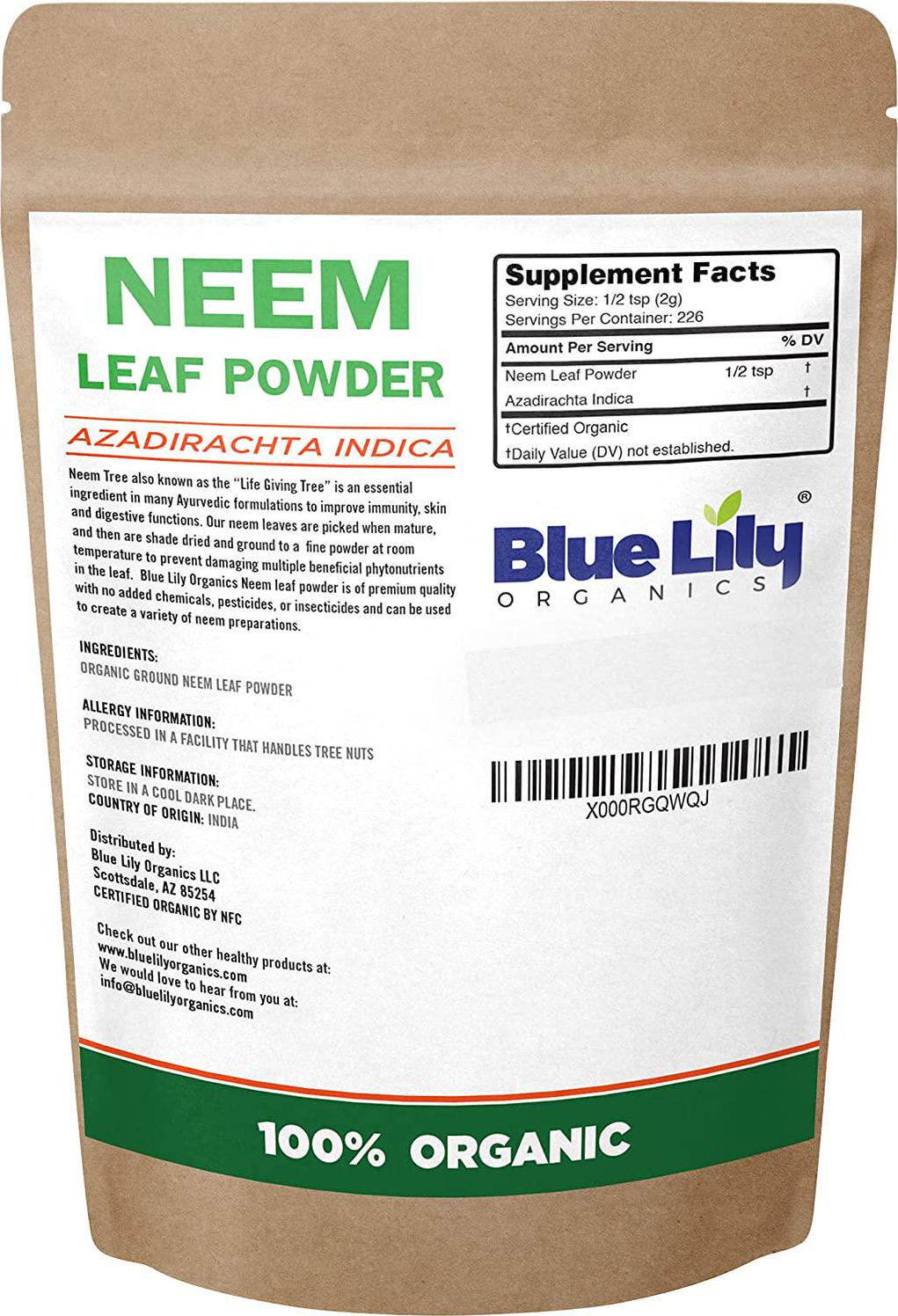 Blue Lily Organics Neem Leaf Powder (Azadirachta indica) 16 oz, 100% Pure, Certified Organic for Hair and Skin
