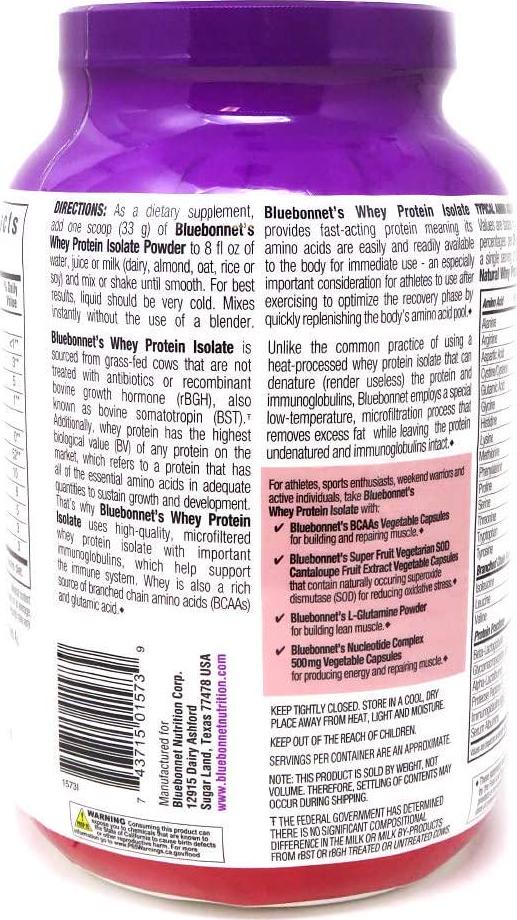 Bluebonnet Nutrition Whey Protein Isolate Powder, Whey From Grass Fed Cows, 26g of Protein, No Sugar Added, Non GMO, Gluten Free, Soy free, kosher Dairy, 2 Lbs, 28 Servings, Strawberry Flavor