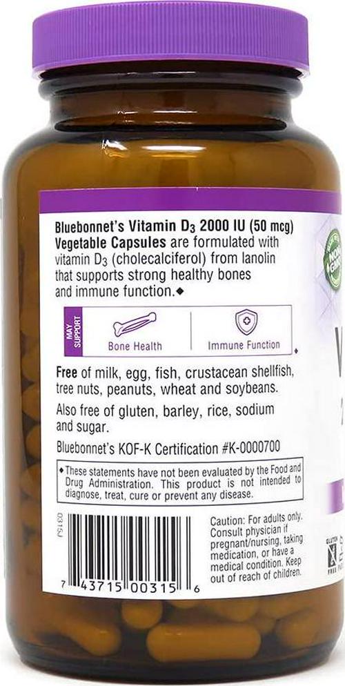 Bluebonnet Nutrition, Vitamin D3 2000iu, 180Count