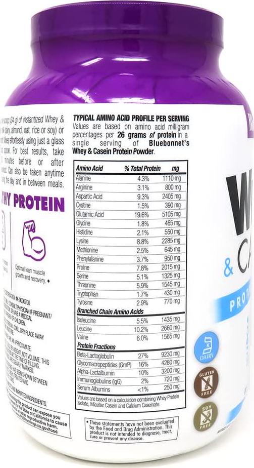 Bluebonnet Nutrition Whey and Casein Protein Powder, Whey from Grass Fed Cows, 26 Grams of Protein, No Sugar Added, Non GMO, Gluten Free, Soy Free, Kosher, 2.1 lbs, 28 Serving, French Vanilla Flavor
