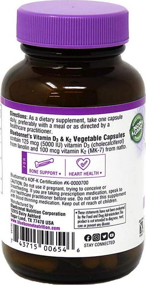 Bluebonnet Nutrition Vitamin D3 and K2, Soy-Free, for Strong-Healthy Bones*, Gluten-Free, Non-GMO, Dairy-Free, Kosher Certified, Vegetarian, 60 Vegetable Capsules, 60 Servings