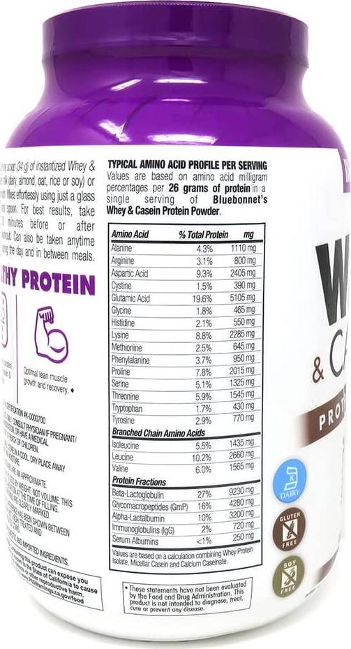 Bluebonnet Nutrition Whey and Casein Protein Powder, Whey from Grass Fed Cows, 26 Grams of Protein, No Sugar Added, Non GMO, Gluten Free, Soy Free, Kosher Dairy, 2.1 lbs, 28 Servings, Chocolate Flavor