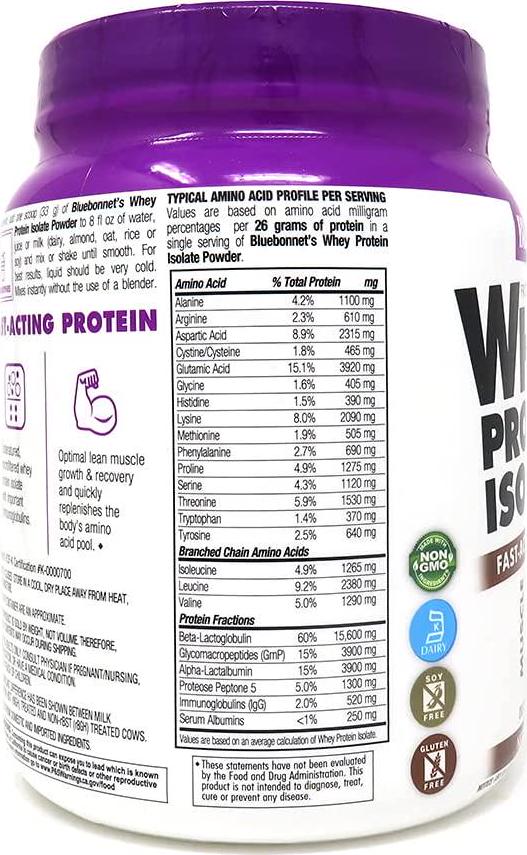 Bluebonnet Nutrition Whey Protein Isolate Powder, Whey From Grass Fed Cows, 26g of Protein, No Sugar Added, Non GMO, Gluten Free, Soy free, kosher Dairy, 1 Lb, 14 Servings, Chocolate Flavor