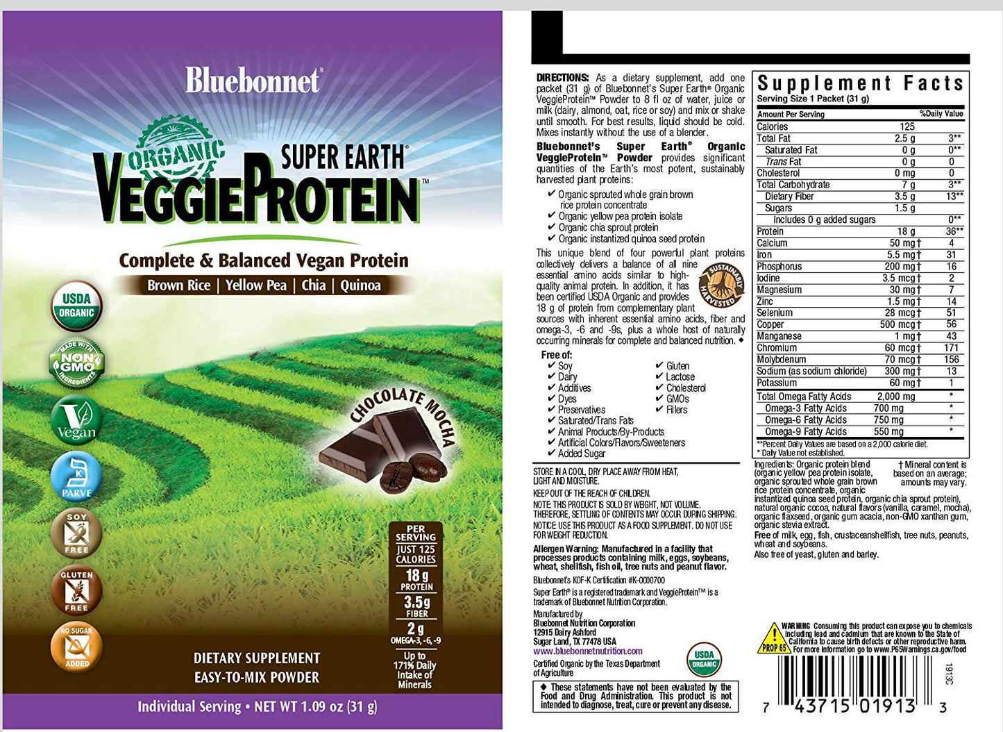 Bluebonnet Super Earth Veggie Protein Powder Original, Chocolate Mocha, 0.55 Pounds