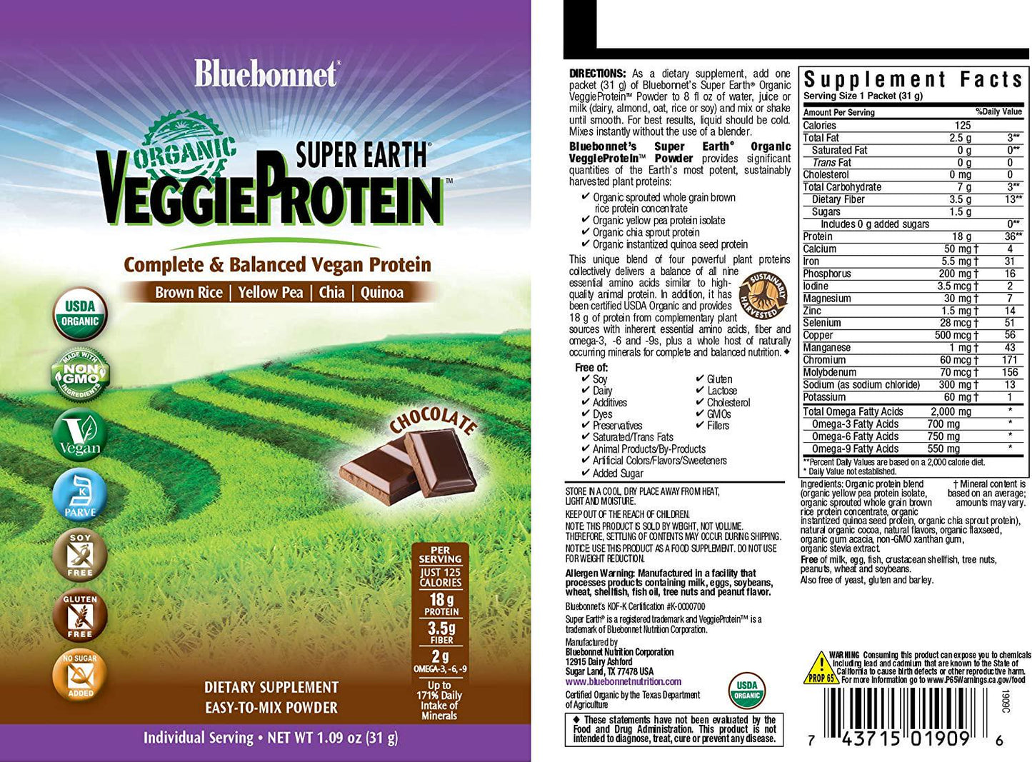 Bluebonnet Super Earth Veggie Protein Powder Original, Chocolate, 1.09 oz.