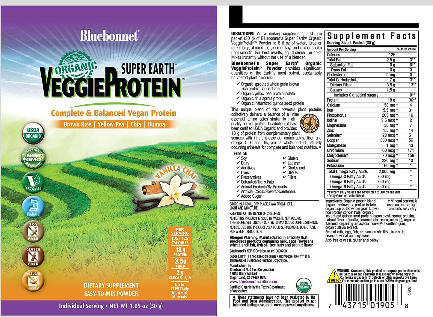Bluebonnet Super Earth Veggie Protein Powder Original, Vanilla Chai, 1.05 oz ,8 Count