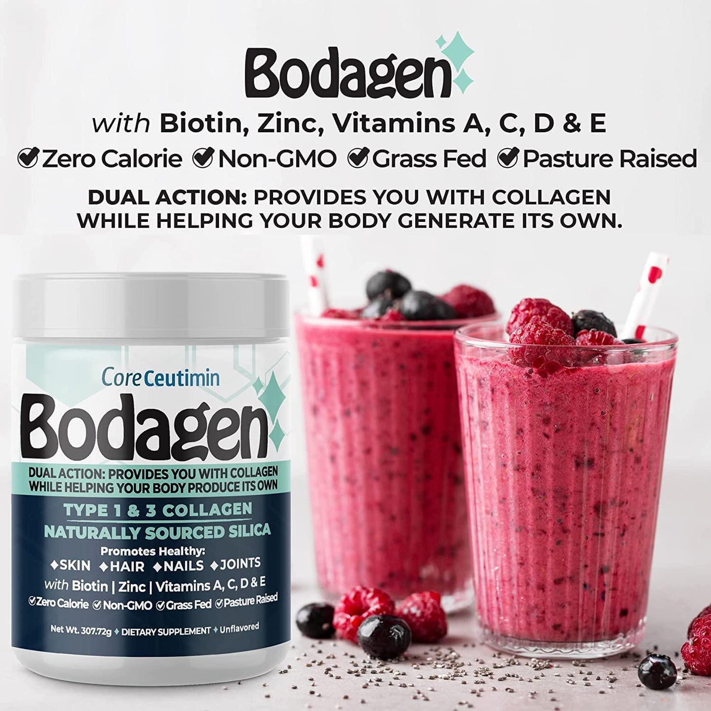 Bodagen - Collagen Peptides with Silica – Provides Collagen While Stimulating Your Body to Make its Own - Includes Biotin, Zinc, Vitamins A, C, D, and E - Zero Calories - Unflavored - by Coreceutimin