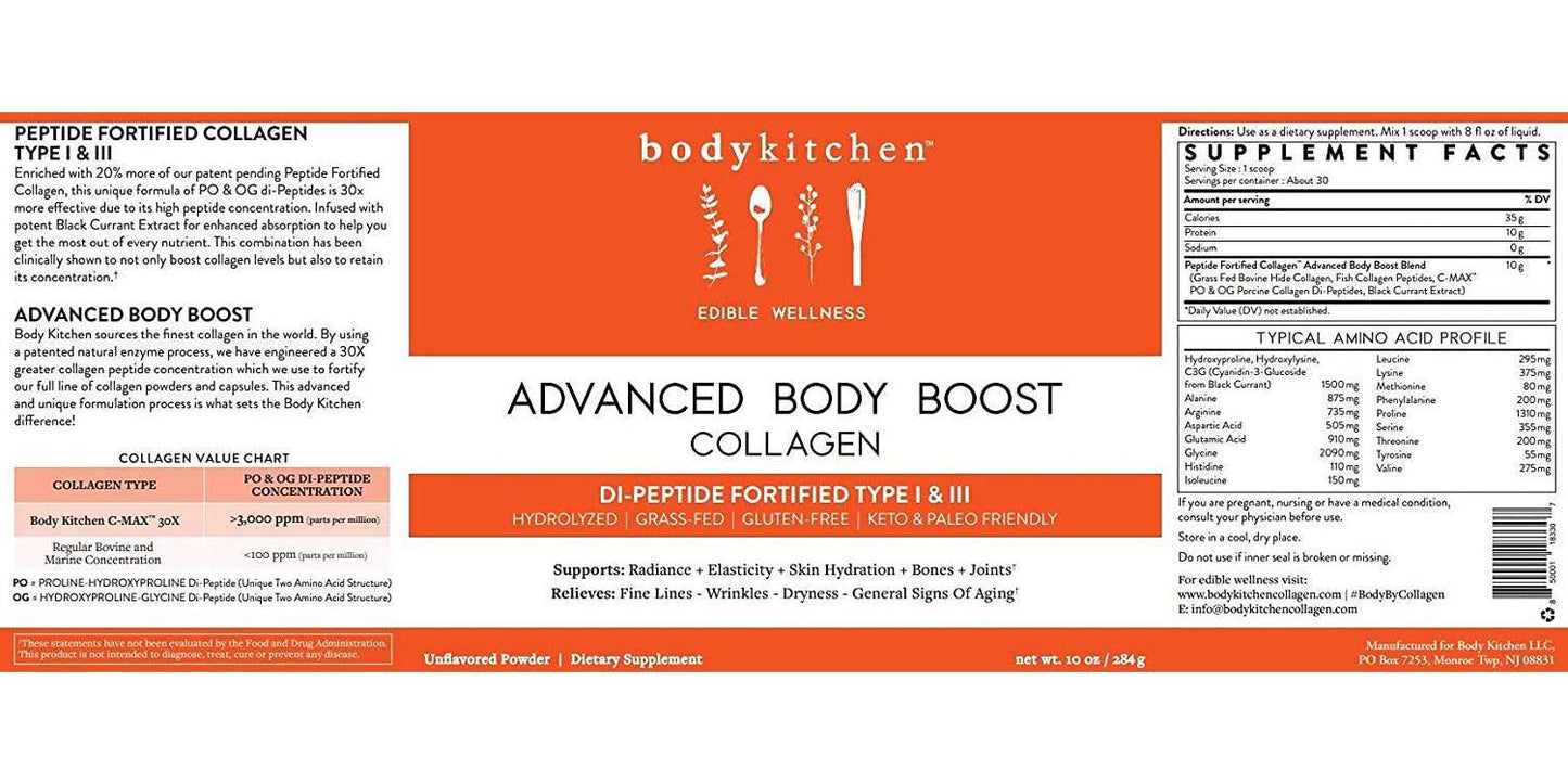 Body Kitchen - Advanced Body Boost, Collagen Peptides Powder (Type I, III) for Skin Hair Nail Joint, Hydrolyzed Collagen, Grass Fed, Dairy, Gluten Free, Unflavored, 30 Servings