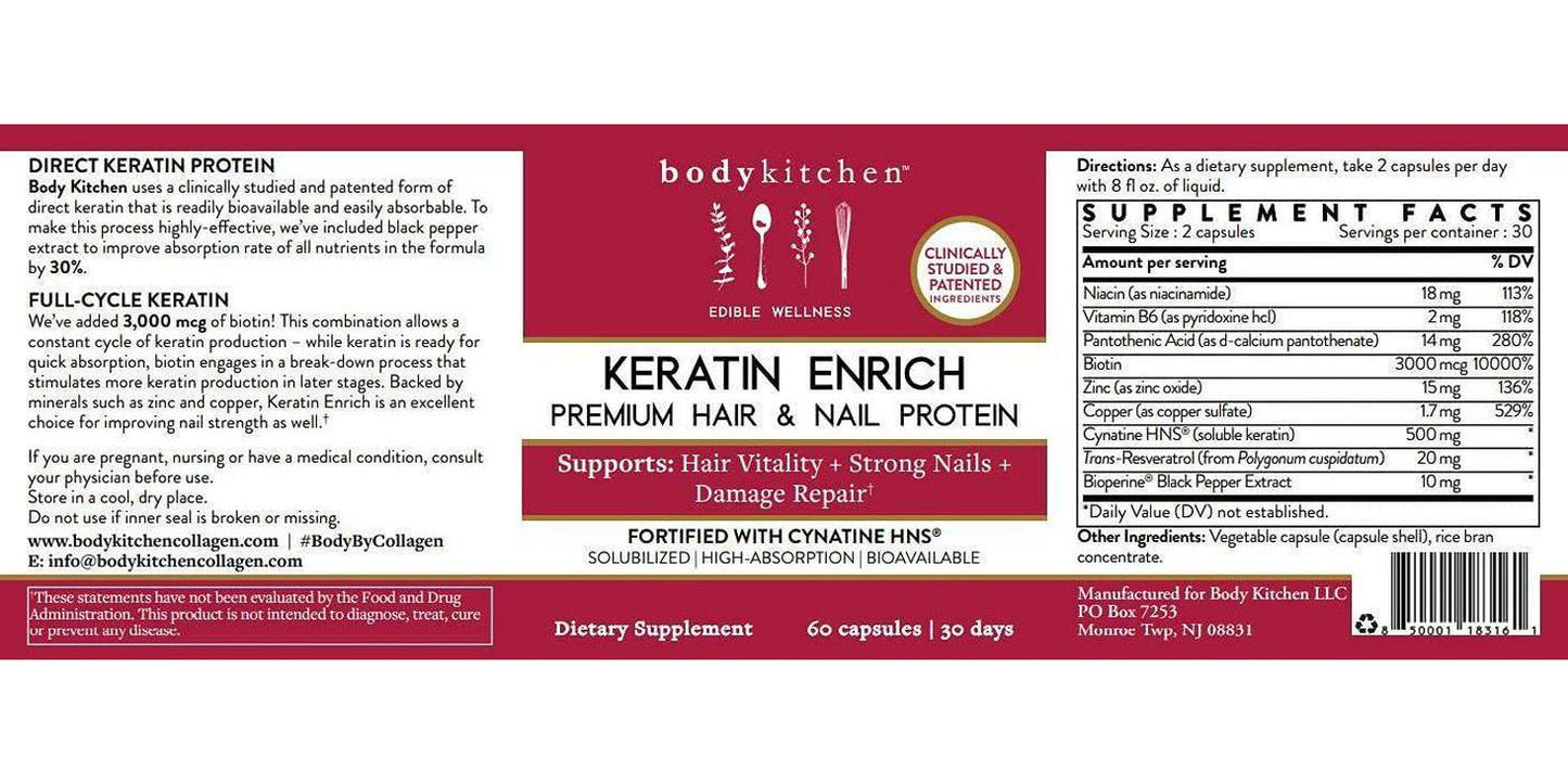Body Kitchen, Keratin Enrich, Hair and Nails Supplement, Supports Healthy Thickness and Shine with Biotin, High-Absorption, 60ct