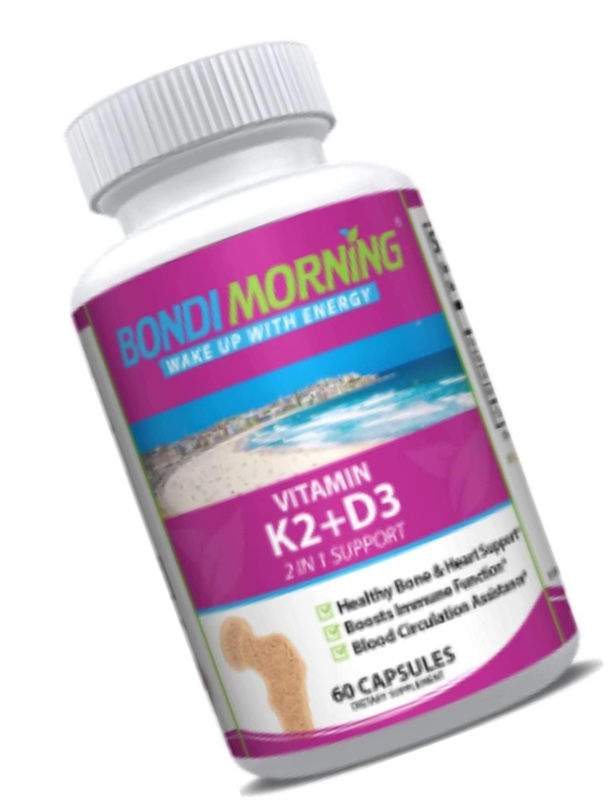 Bondi Morning Vitamin K2 + D3 Supplement for Bone and Heart Health - High Potency 5000IU Vitamin D3 and 100mg Vitamin K2 (MK7) Capsules for Optimal Calcium Absorption - 60 Vegan Capsules