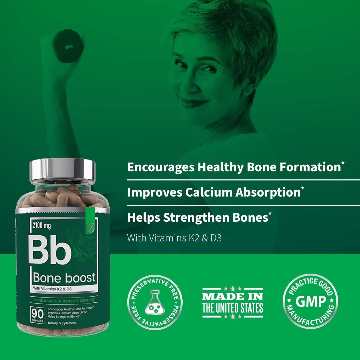 Bone Boost Bone Health Supplement - Calcium, Vitamin D3, K2, Cissus Quadrangularis | Essential Elements for Bone Strength - 90 Capsules (30 Day Supply)