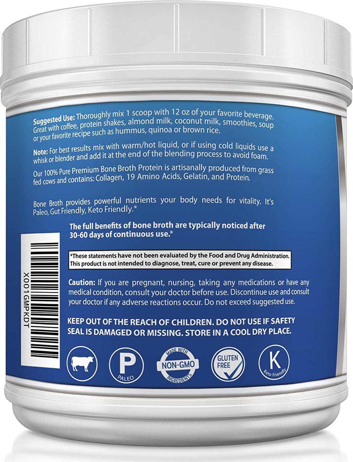 Bone Broth Protein Powder from Grass Fed Beef - 20oz - High in Collagen and Gelatin - Paleo and Keto Friendly - (1 Pack Unflavored)