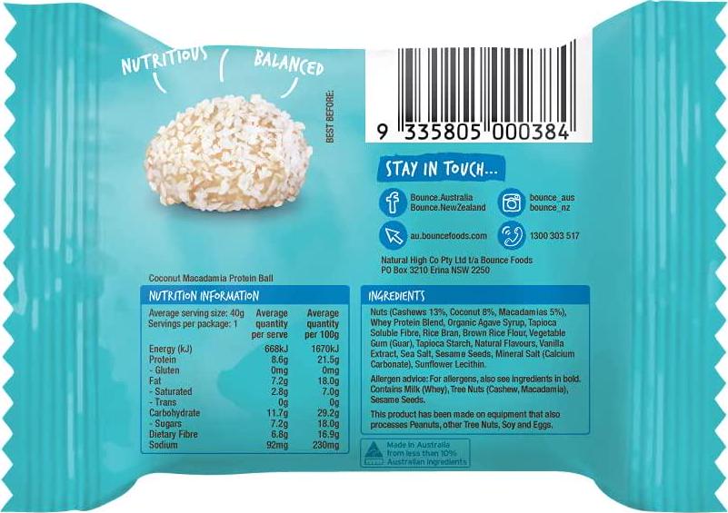 Bounce Coconut Macadamia Protein Ball- box of 12. High protein, gluten free, low sugar healthy snacks, better than any protein bar! Snack healthy with Bounce protein bars, balls, snacks and powders.