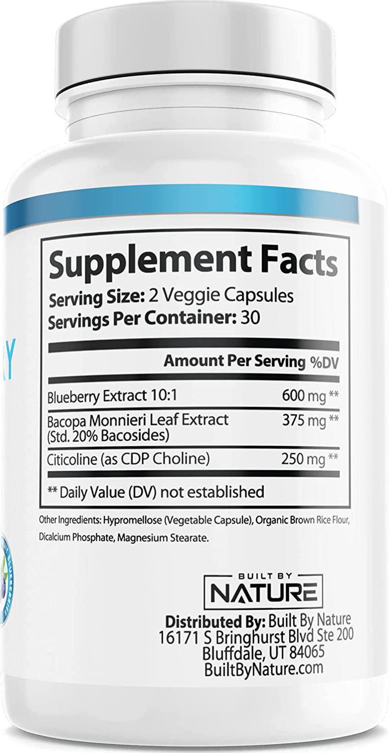 Brain Memory Supplement Nootropic Booster with Citicoline (CDP Choline), Bacopa Monnieri and Blueberry Extract to Support Focus, Memory, Energy and Brain Performance, Made in USA, 60 Capsules