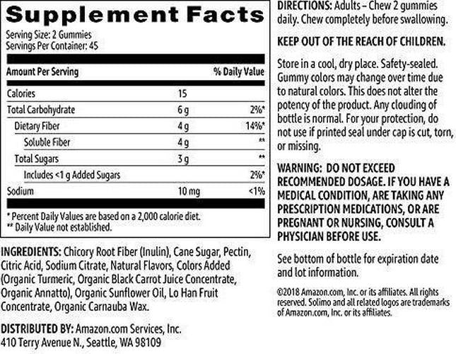 Brand - Solimo Fiber 4g - Digestive Health, Supports Regularity - 90 Gummies (2 Gummies per Serving)