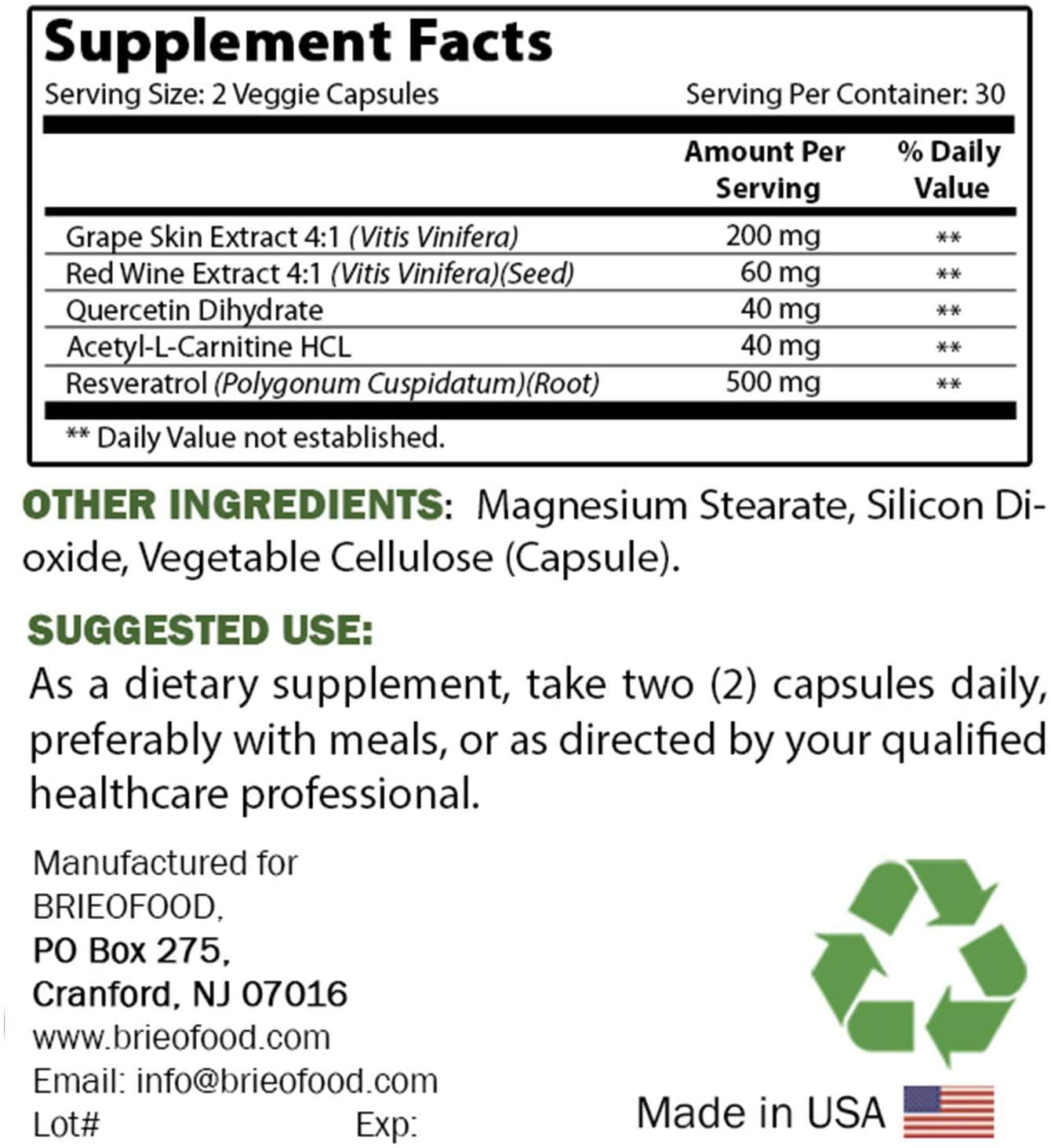 Brieofood Resveratrol 500mg - Natural Antioxidant Supplement for Cardiovascular and Immune System Health - 60 Veggie Capsules