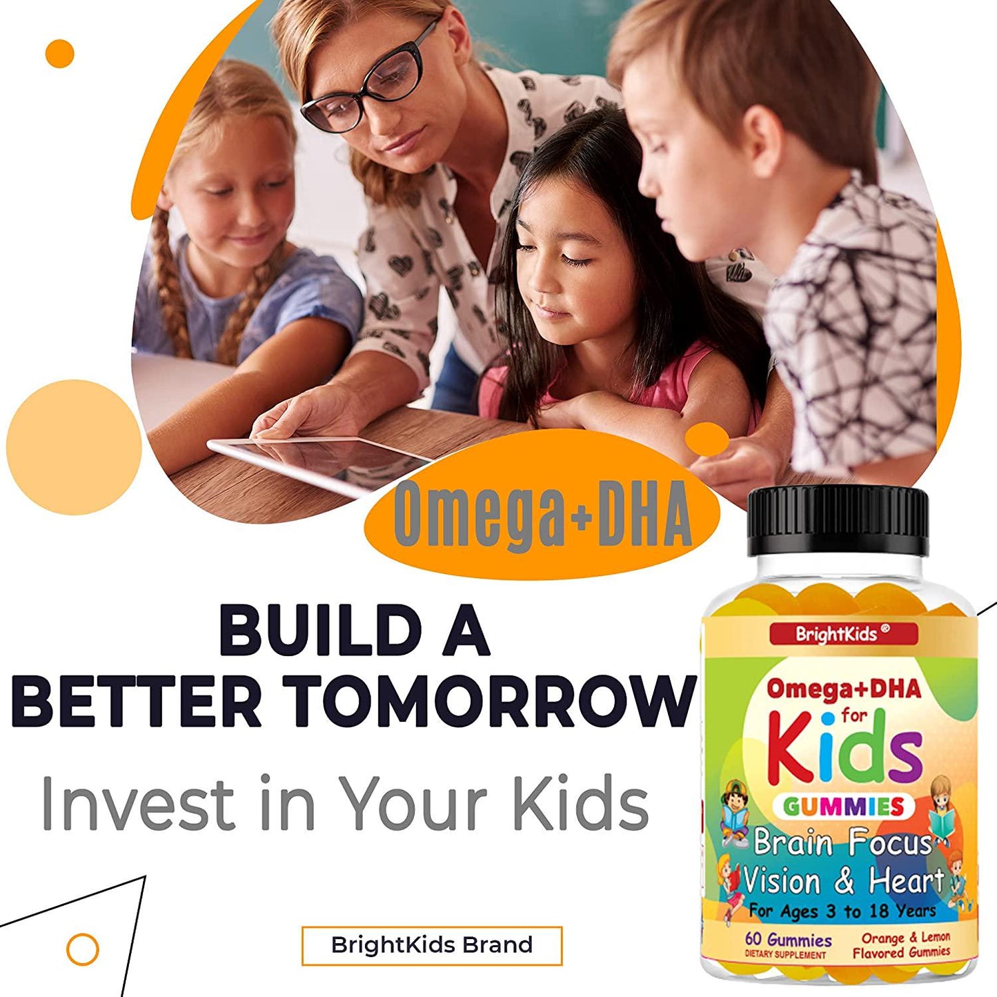 BrightKids Complete Omega+DHA Gummies for Kids | Omega 3 6 9 + DHA, Vitamin C | Brain Focus, Vision and Heart Health Formula | Gluten Free, Vegetarian and Non-GMO | 60 Gummies Made in USA