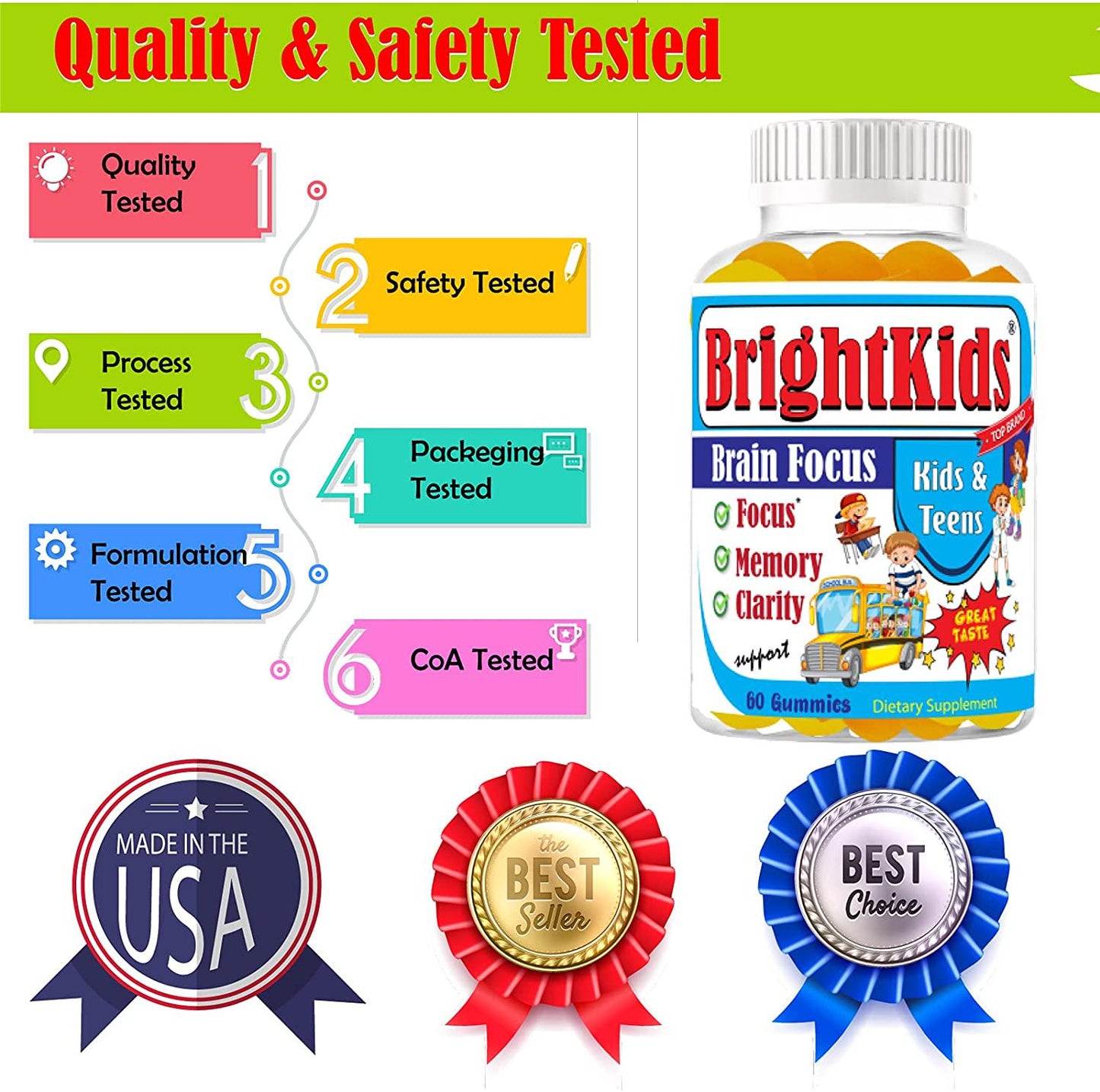 Bright Kids Focus Formula 60 Gummies Focus Attention Booster for Kids Memory Brain MultiVitamin Omega DHA Gummy Chewables Natural Brain Supplements