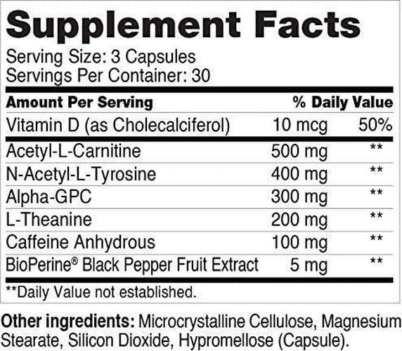 Bright Vitamin Nootropic Supplement and Brain Booster Mental Sharpness, Focus, Energy, Memory and Mood Balance Alpha GPC, L-Theanine, ALCAR, NALT, Vitamin D 90 Capsules
