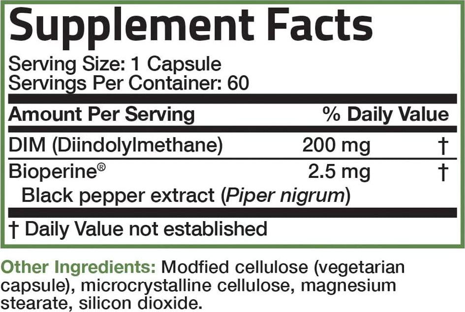 Bronson DIM 200 mg with BioPerine for Enhanced Absorption - Diindolymethane - Estrogen Metabolism and Maintains Balanced Hormone Levels, 60 Vegetarian Capsules