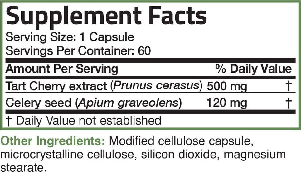 Bronson Tart Cherry Extract + Celery Seed Capsules - Powerful Uric Acid Cleanse, Joint Mobility Support and Muscle Recovery Supplement - GMO Free, Gluten Free and Soy Free Formula - 60 Vegetarian Capsules