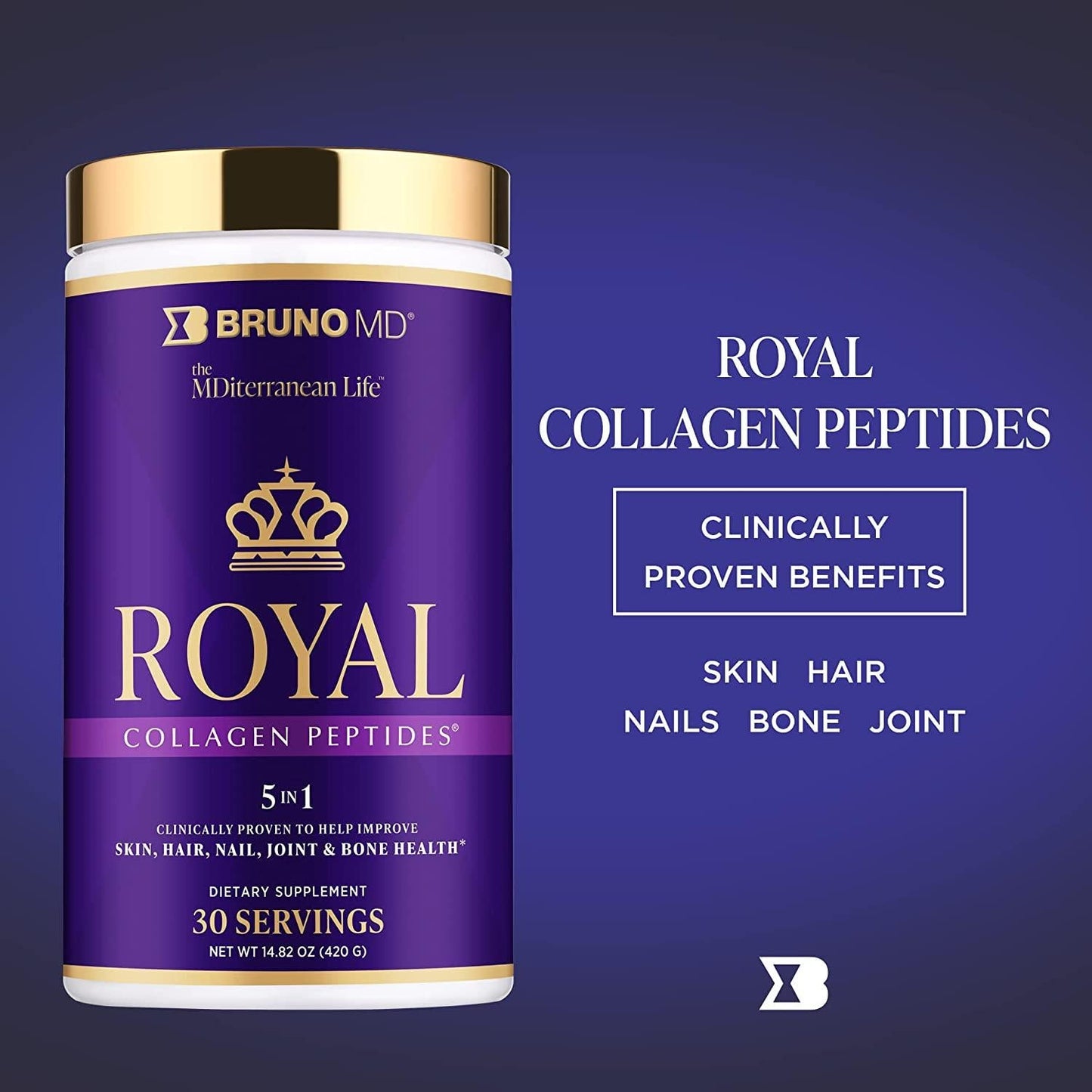 Bruno MD Royal Collagen Peptides, Clinically proven, Dietary Supplement, Improves Skin, European Sourced, Improves the Look of Hair and Nails, Blended with Vitamin C, Natural Bone and Joint Supplement