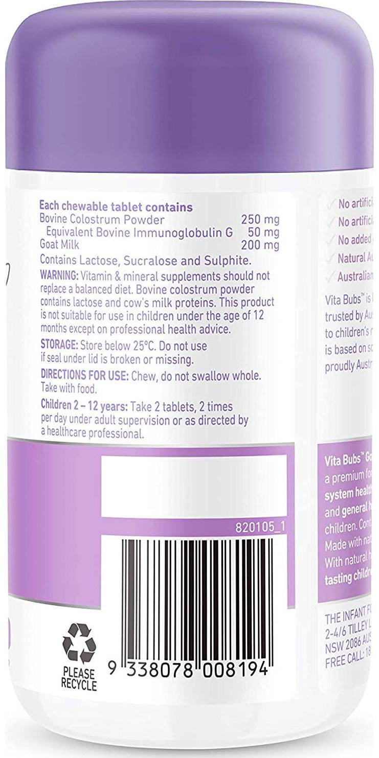Bubs Vita Bubs Goat Milk + Colostrum, 60 Tablets,