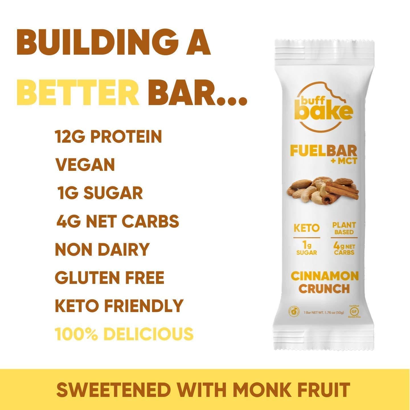 Buff Bake Fuel Bar Keto Protein Bars | Vegan, Low Carb, Low Sugar, Non Dairy, Gluten Free | 12g Plant Based Protein Snack Bars | MCT, Energy, Fiber | 1g Sugar, 4g Net Carbs | Cinnamon Crunch, 12 Pack