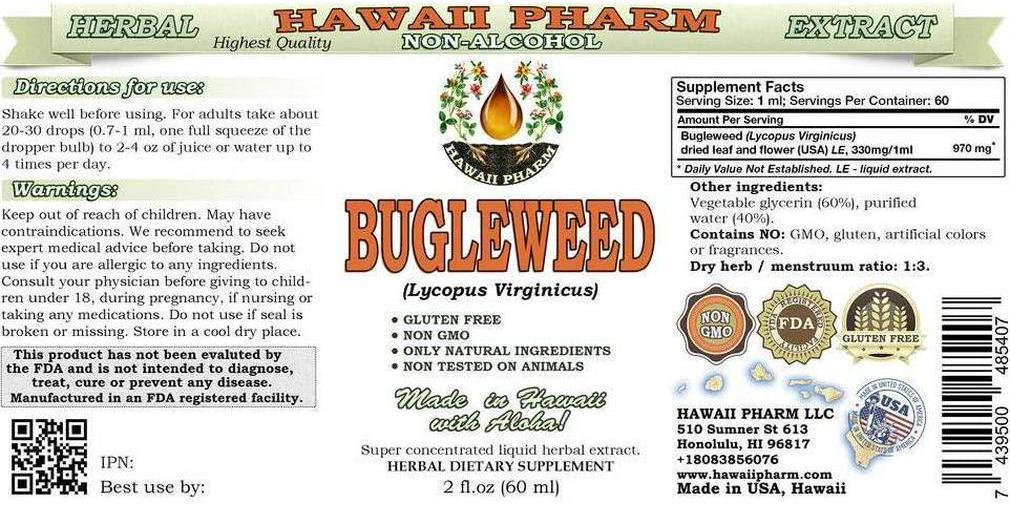 Bugleweed Alcohol-Free Liquid Extract, Organic Bugleweed (Lycopus Virginicus) Dried Leaf and Flower Glycerite Hawaii Pharm Natural Herbal Supplement 2 oz