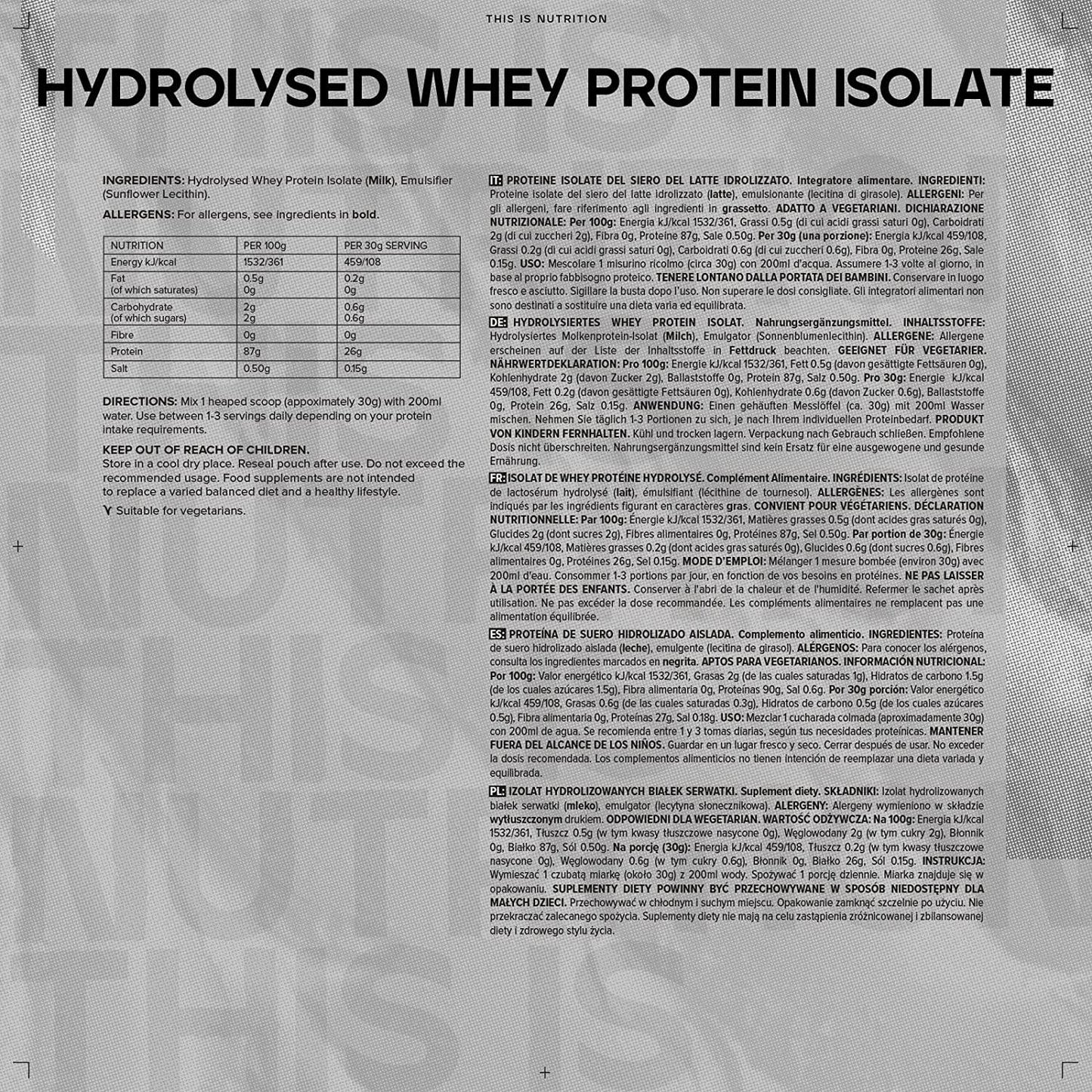 Bulk Hydrolysed Whey Protein Isolate, Protein Shake, Unflavoured, 500 g, Packaging May Vary