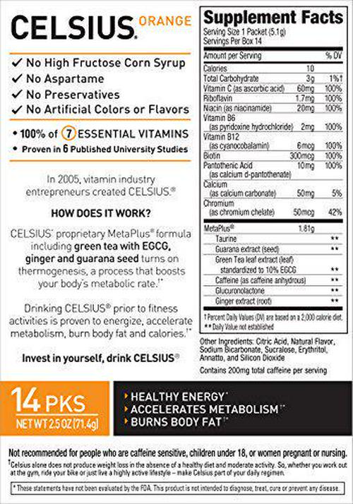 CELSIUS Orange On-the-Go Powder Stick Packs, Pack of 14