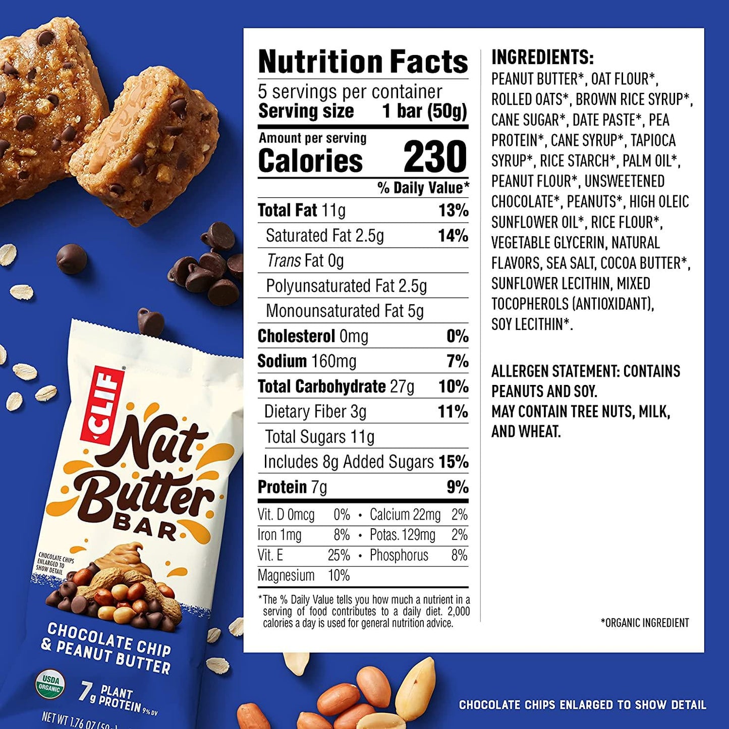 CLIF Nut Butter Bar - Organic Snack Bars - Chocolate Chip Peanut Butter - Organic - Plant Protein - Non-GMOÂ (1.76 Ounce Protein Snack Bars, 5 Count)