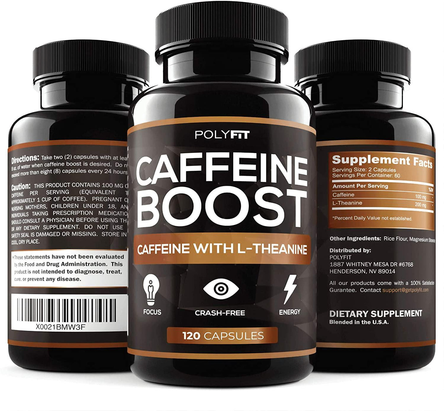 Caffeine Pills with L-Theanine - 120 Capsules - Energy and Focus Supplement - 100mg Caffiene and 200 mg LTheanine Per Serving