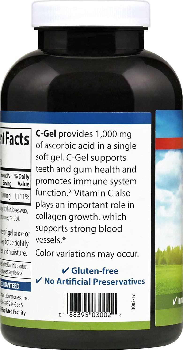 Carlson - C-Gels, 1000mg, Vitamin C Softgels, Immune Support and Heart Health, Vitamin C Softgels, Antioxidant, Vitamin C Supplement, 250 Softgels