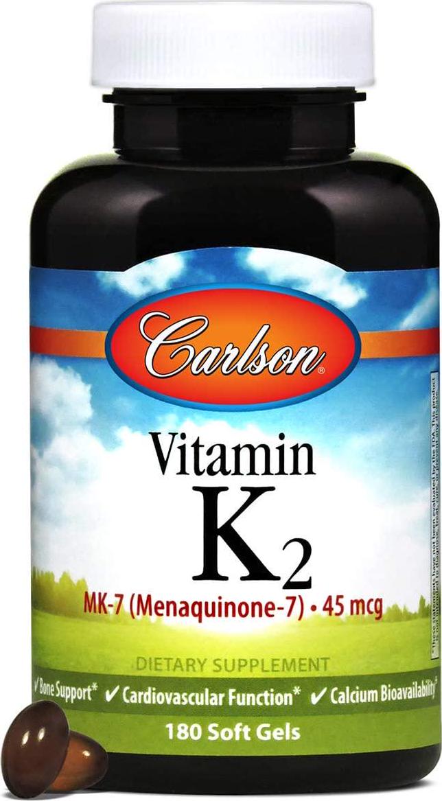 Carlson - Vitamin K2 MK-7 (Menaquinone), 45 mcg, Bone Support, Circulation Function and Calcium Bioavailability, 180 Softgels