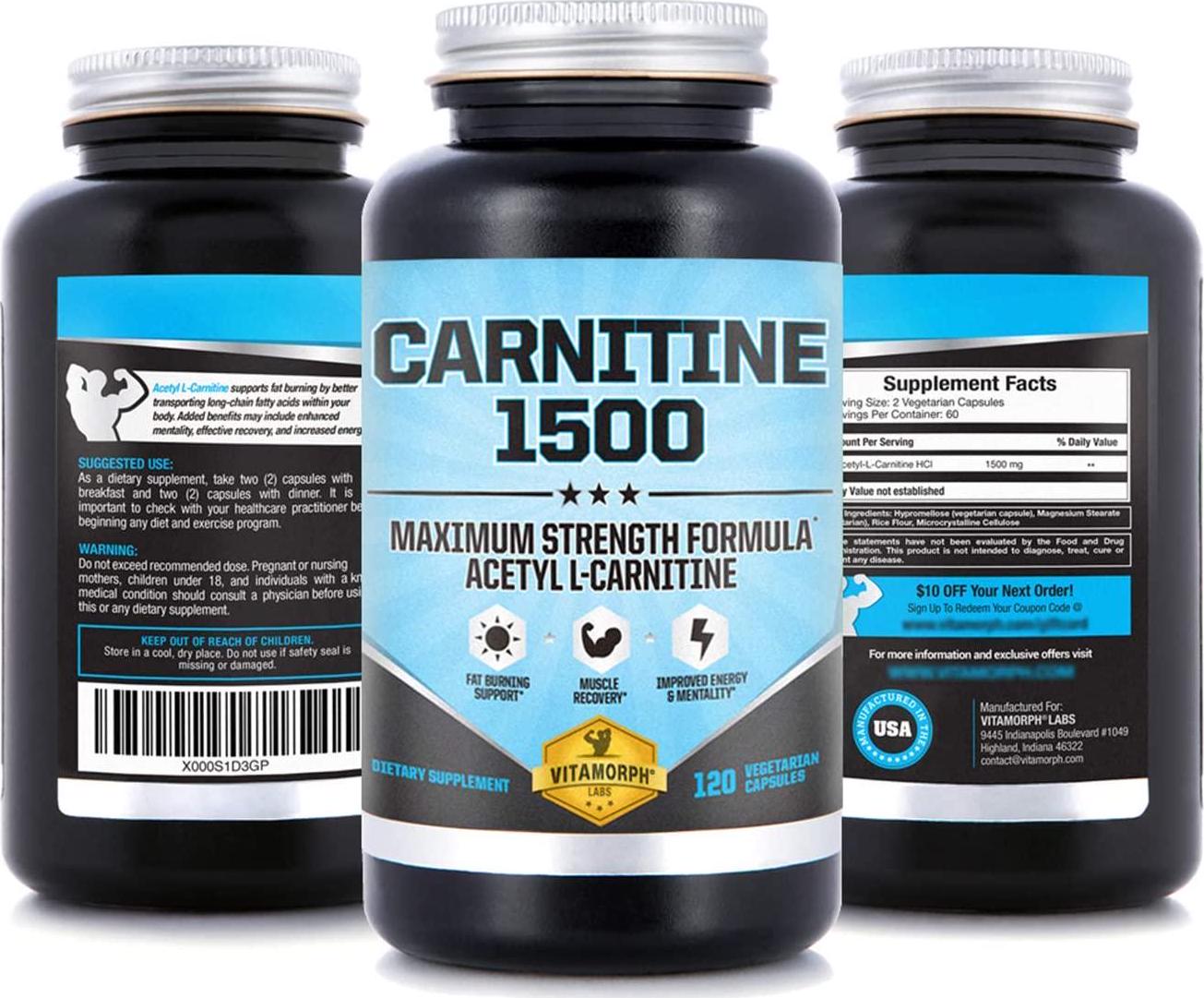 Carnitine 1500 - Acetyl L-Carnitine 1500mg Maximum Strength Carnitine Supplement - Supports Energy, Memory, Focus and Weight Loss Management by Vitamorph Labs - 120 Vegetarian Capsules