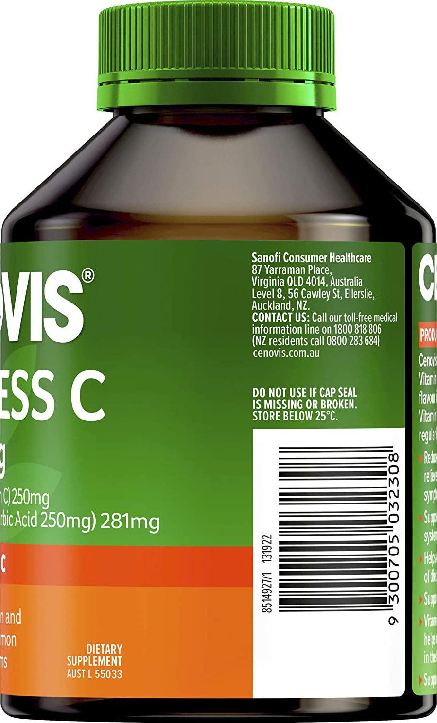 Cenovis Sugarless C 500mg - Chewable Vitamin C Tablets - Relieves the Severity of Common Cold Symptoms, 300 Tablets (Pack of 1)